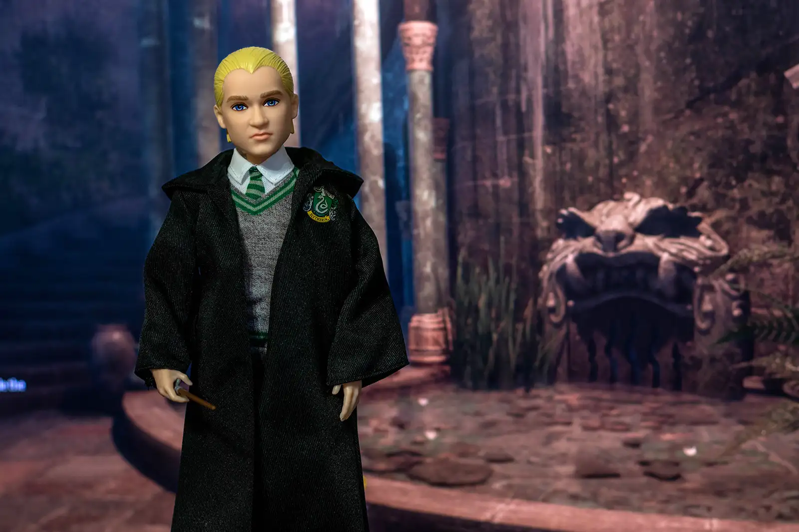 Mattel Draco Malfoy doll in his Slytherin school uniform in the Harry Potter universe