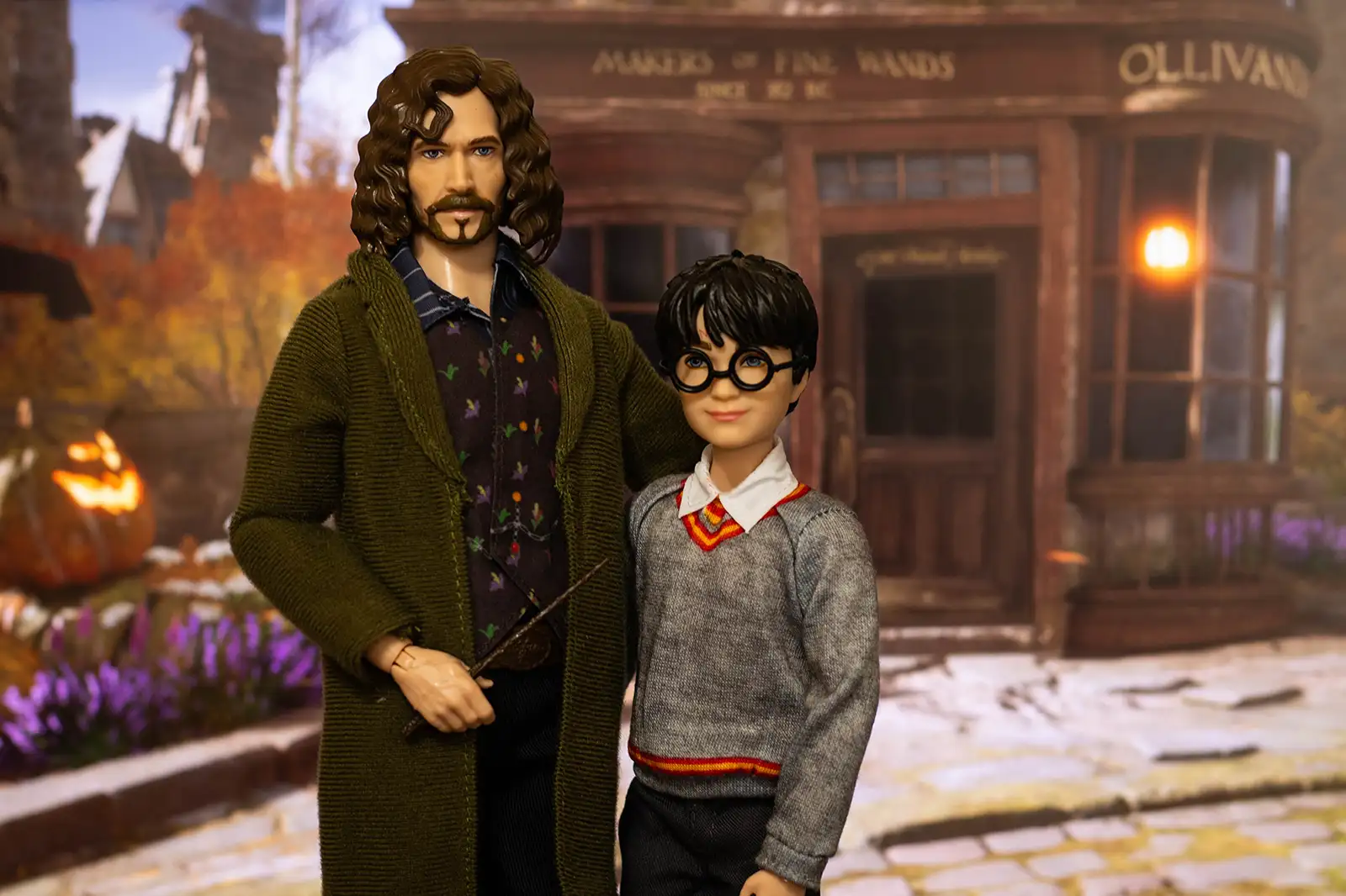Mattel Sirius Black and Harry Potter dolls outside Ollivanders in Hogsmeade