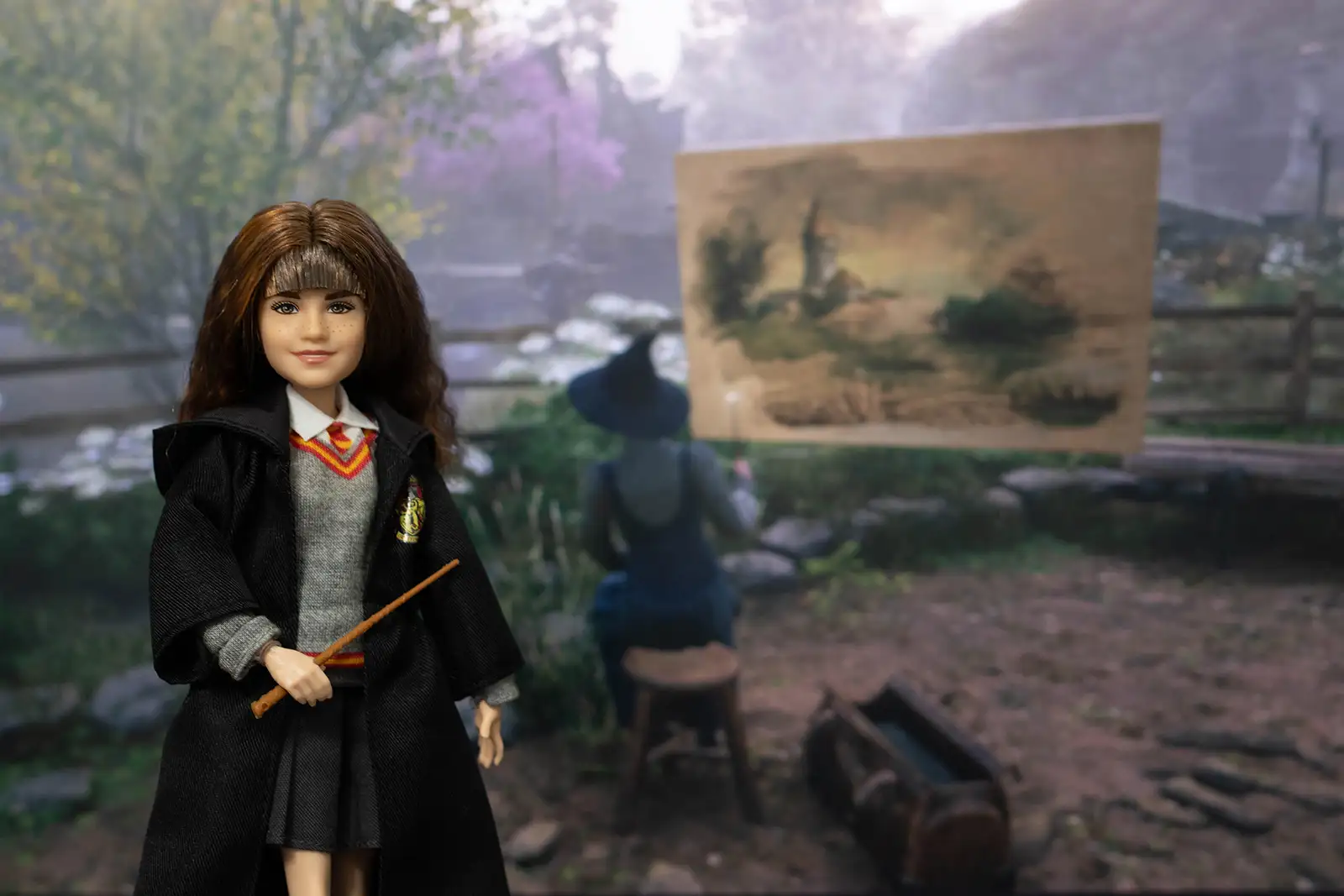 Mattel Hermione Granger doll posed at Hogwarts with her wand
