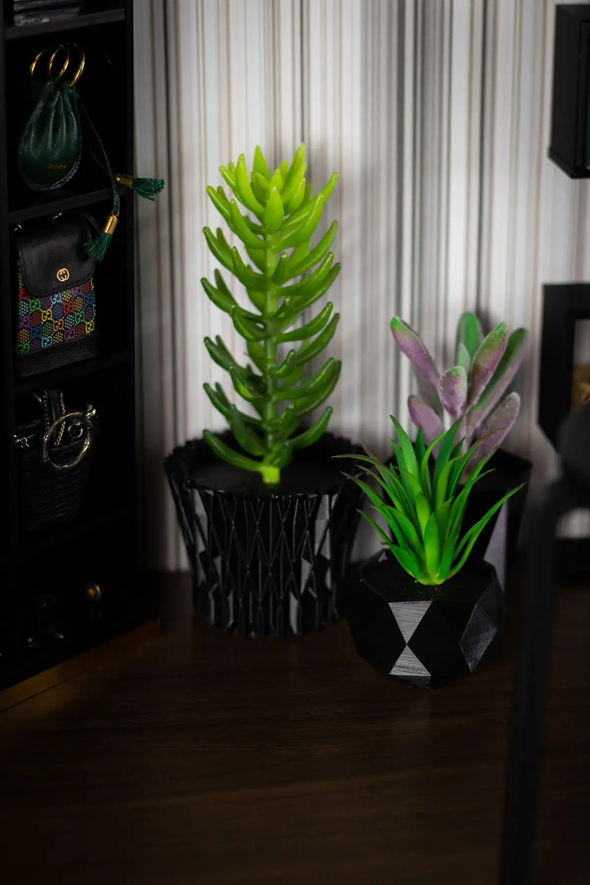 Miniature houseplants in black 3D-printed pots