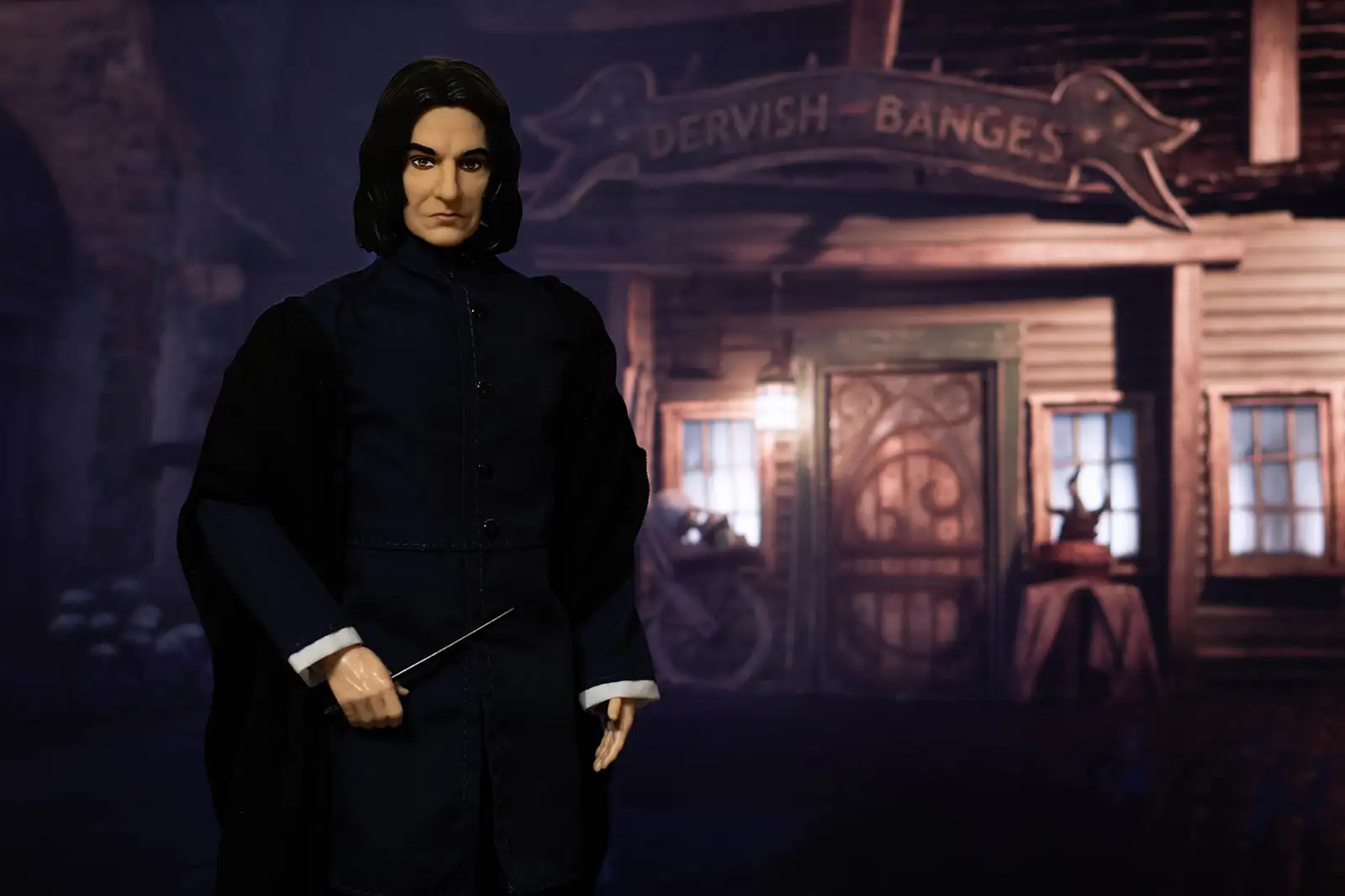 Mattel Severus Snape doll outside Dervish and Banges in Hogsmeade