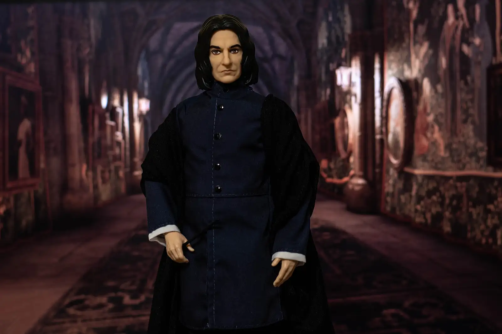 Mattel Severus Snape doll standing in a Hogwarts corridor