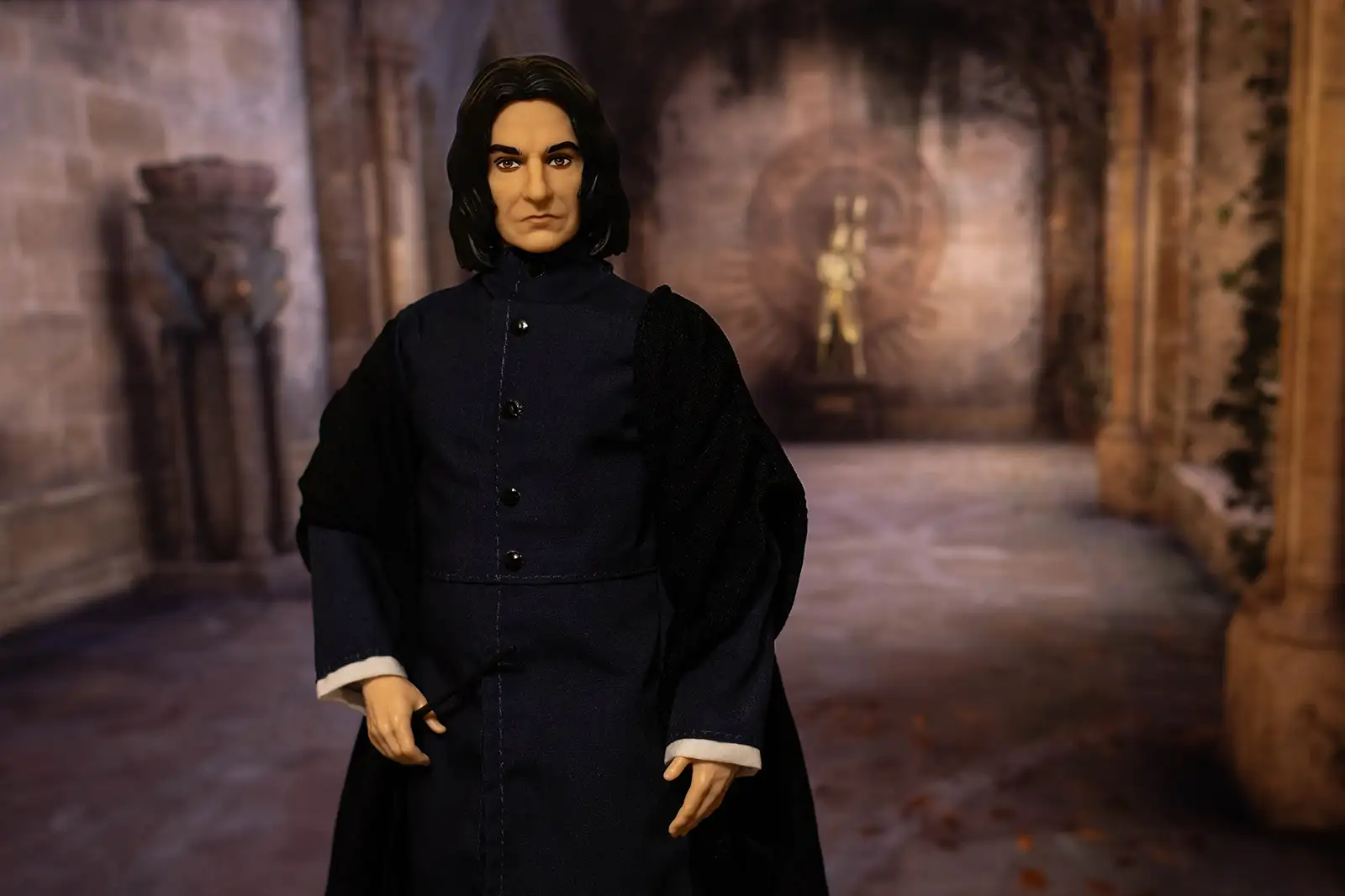 Mattel Severus Snape doll in a dark Hogwarts interior