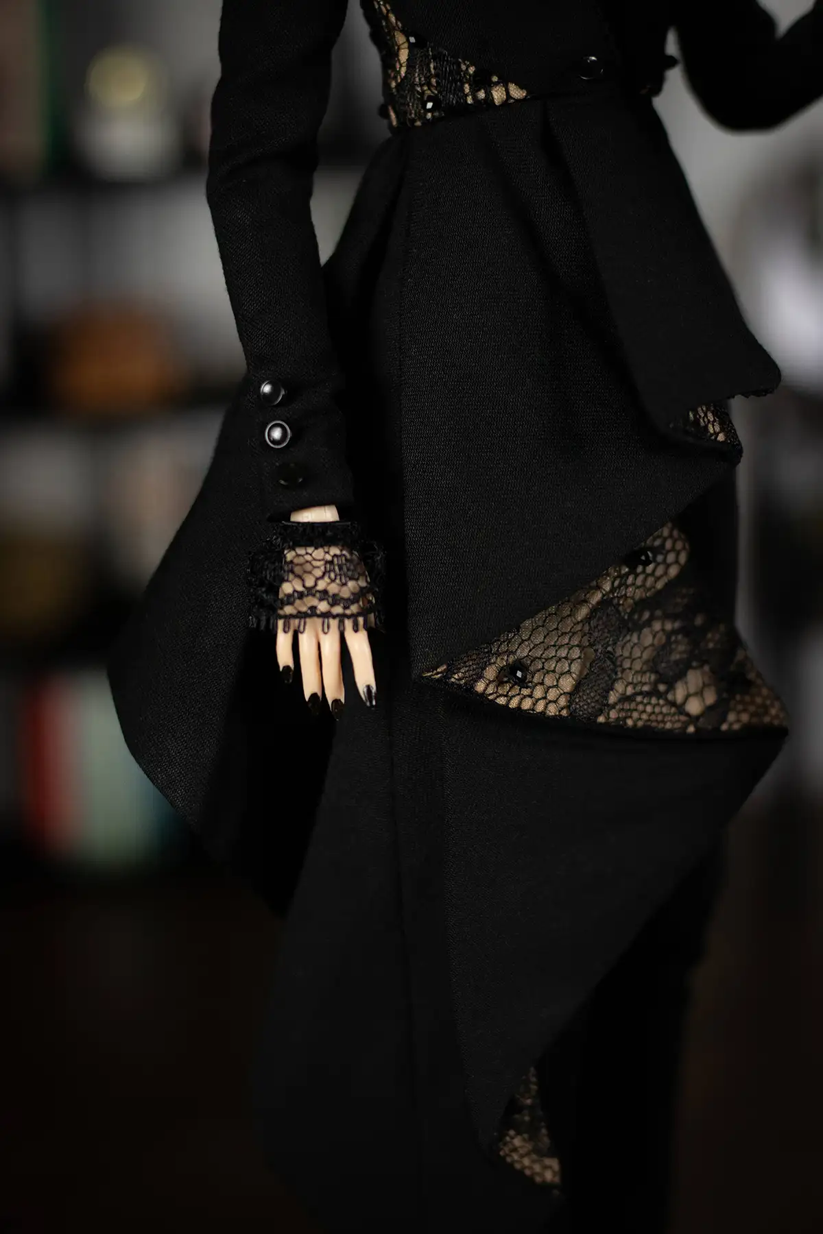 Black lace outfit detail on Wicked Narcissism Eugenia Perrin-Frost doll